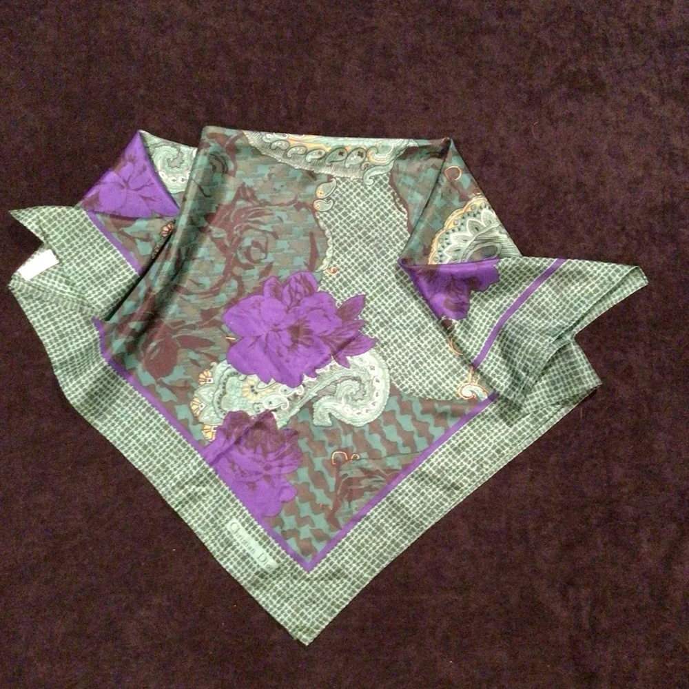 Vintage Christian Dior silk purple and green floral scarf